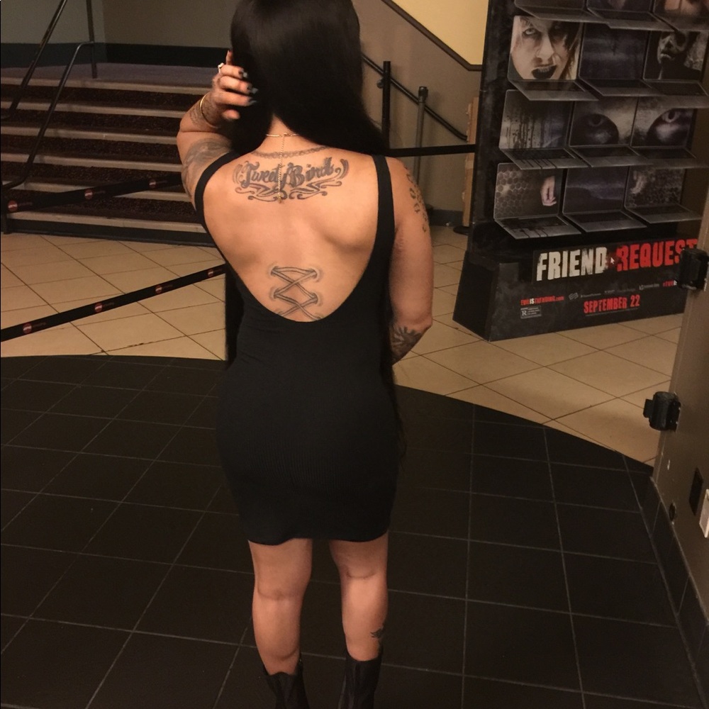 Black open back pencil dress